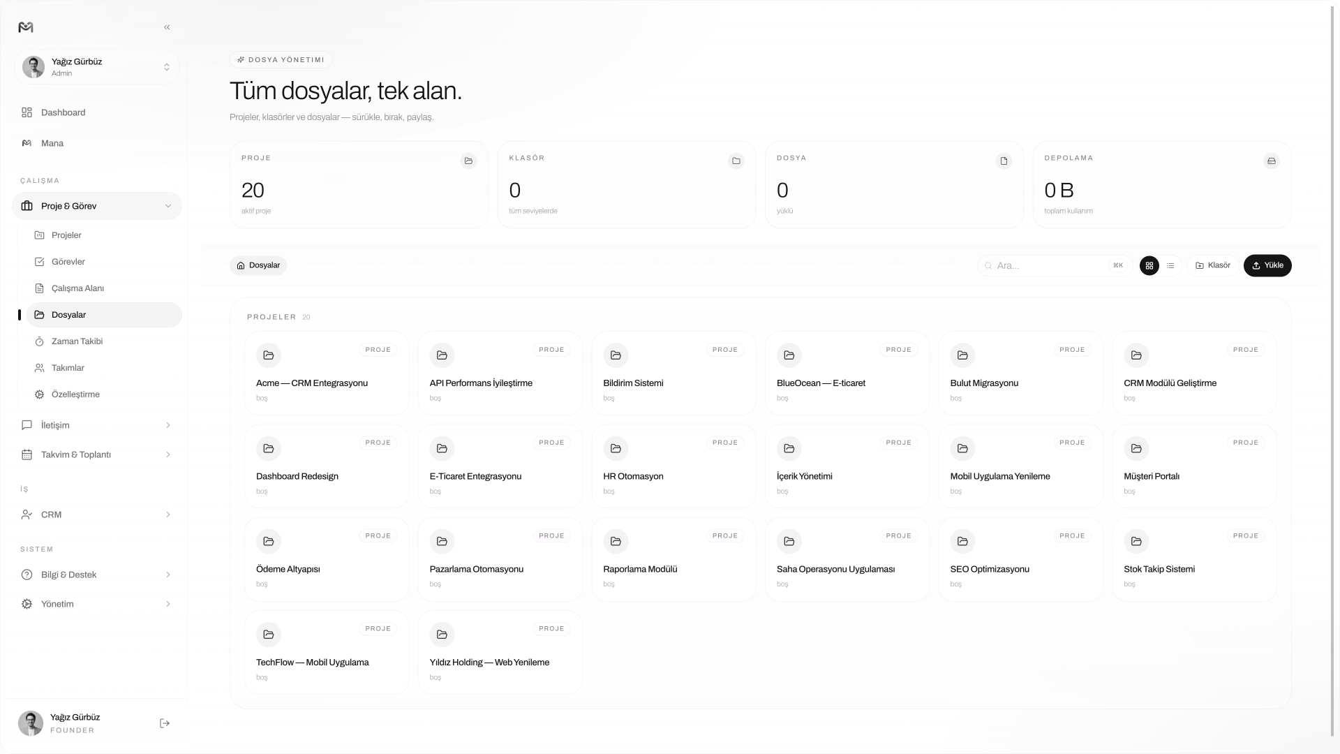 Managelify Dosyalar — proje bazlı dosya yönetimi, metrik kartları