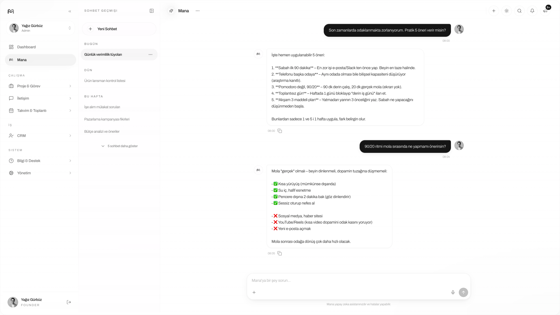 Mana AI sohbet ekranı — Managelify yapay zeka asistanı