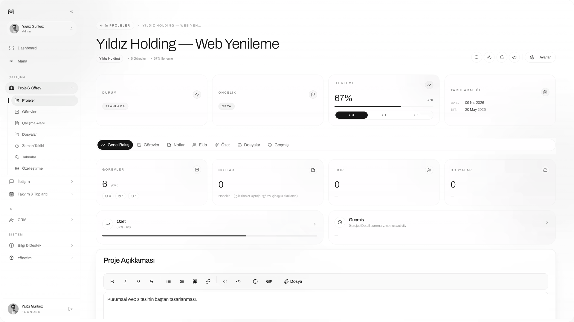 Managelify Proje Detayı — Yıldız Holding Web Yenileme
