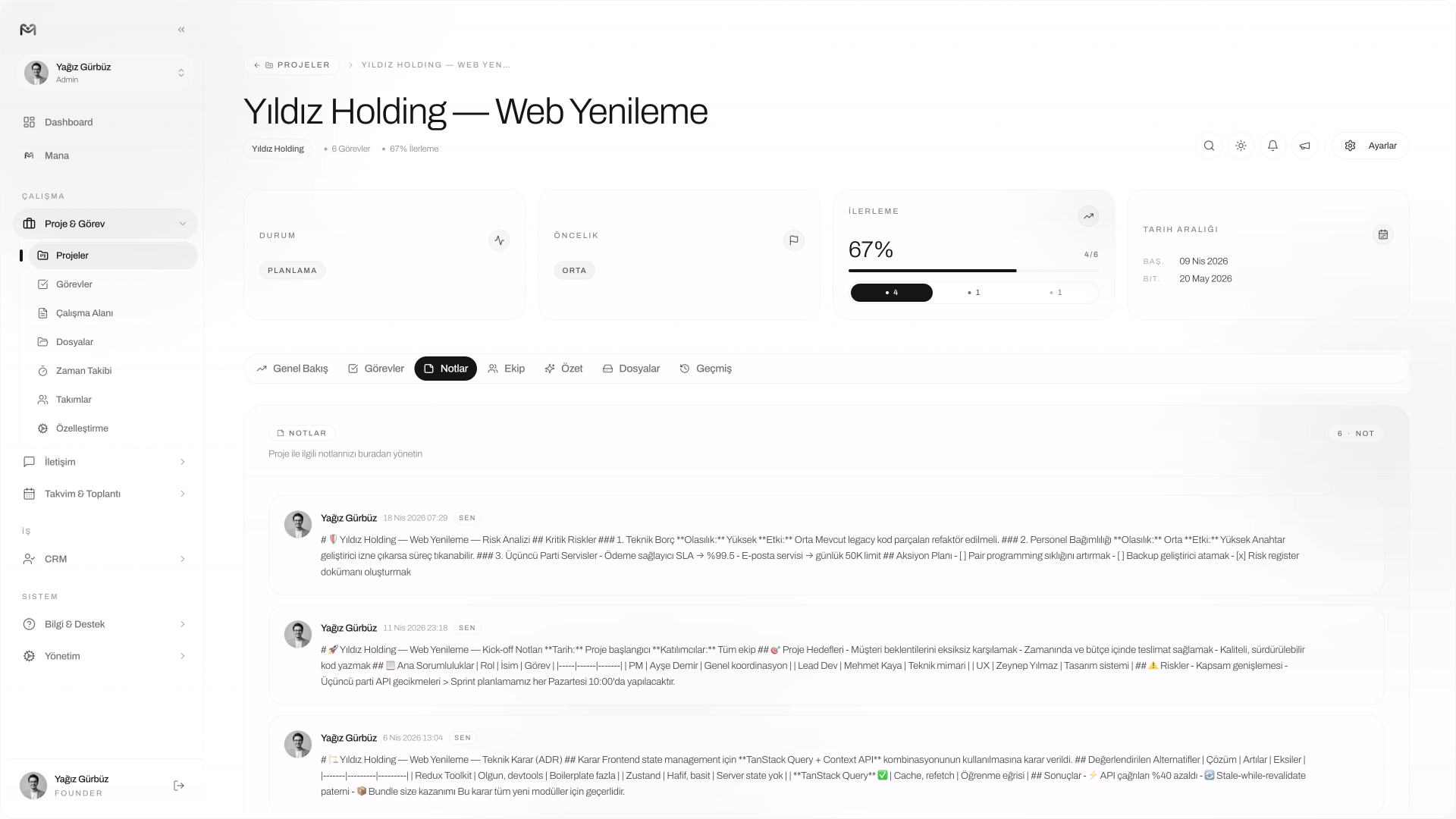 Managelify Proje Detayı — Notlar sekmesi, markdown notlar akışı