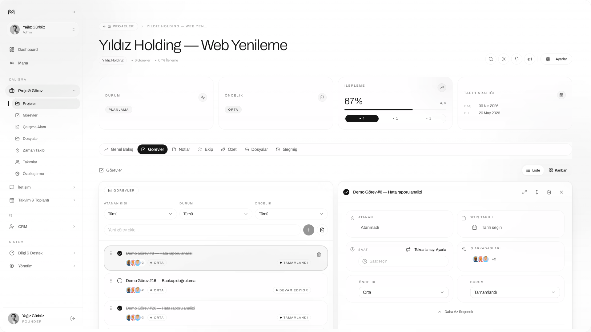 Managelify Proje Detayı — Görevler sekmesi ve görev detay paneli
