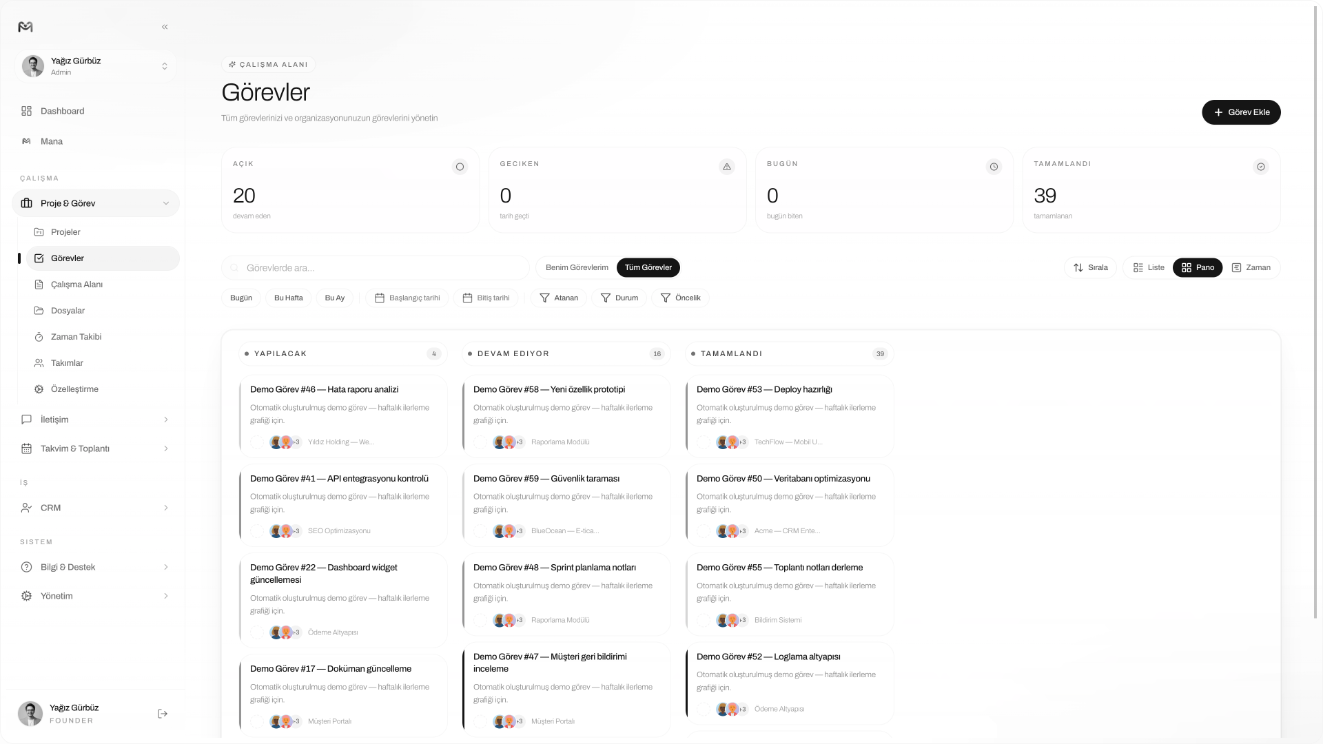Managelify Görevler — kanban panosu, metrik kartları ve filtreler