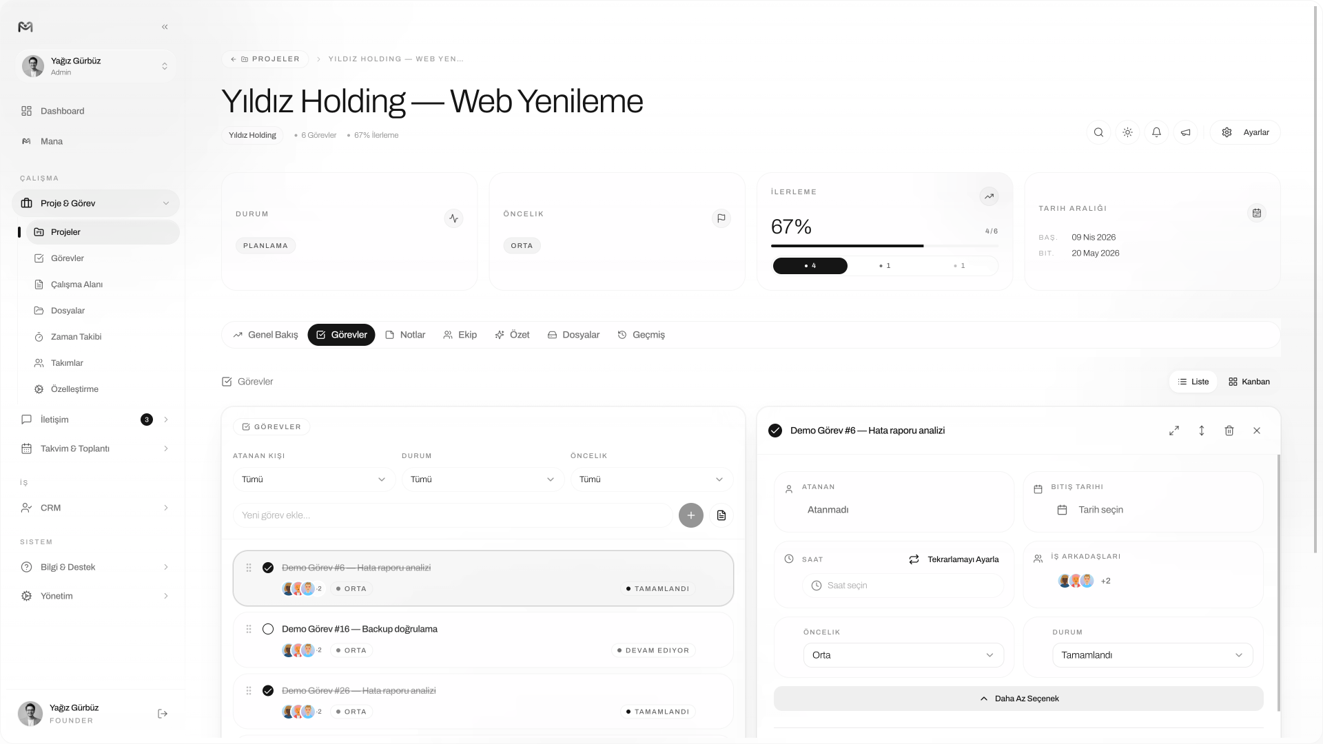 Görevler — liste ve kanban