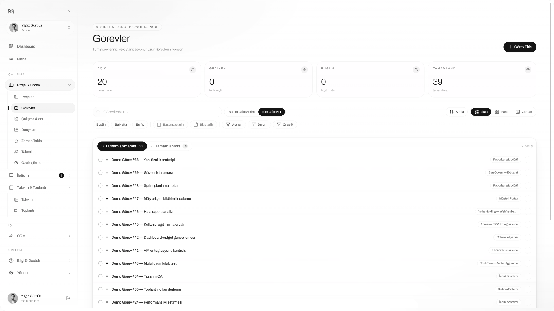 Görevler — liste görünümü